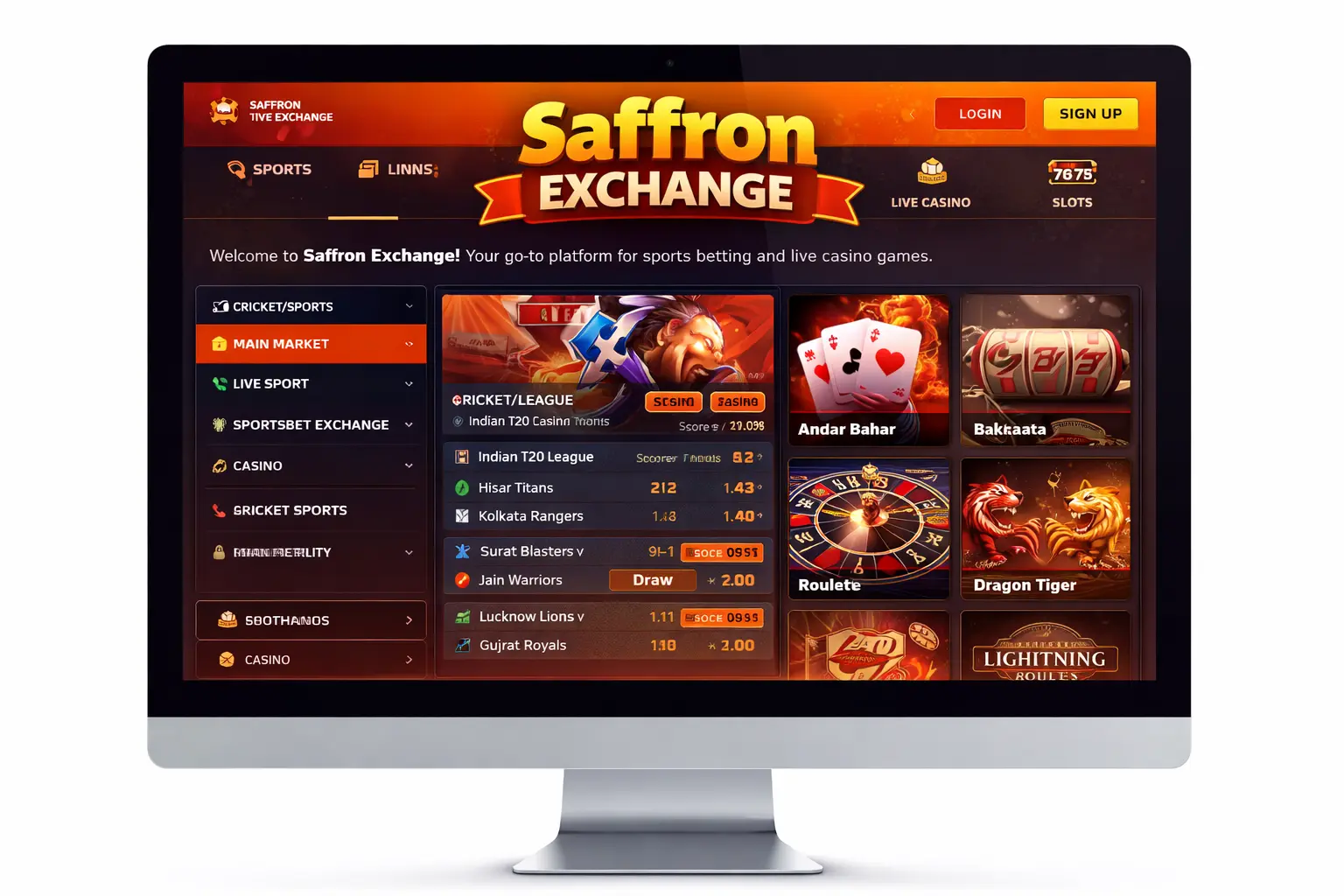 Saffron Exchange dashboard interface showing sports and live casino sections