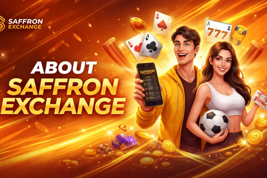 About Saffron Exchange platform banner showing sports and gaming interface
