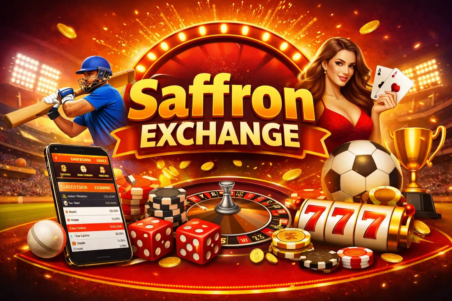Saffron Exchange homepage banner with sports and casino gaming interface