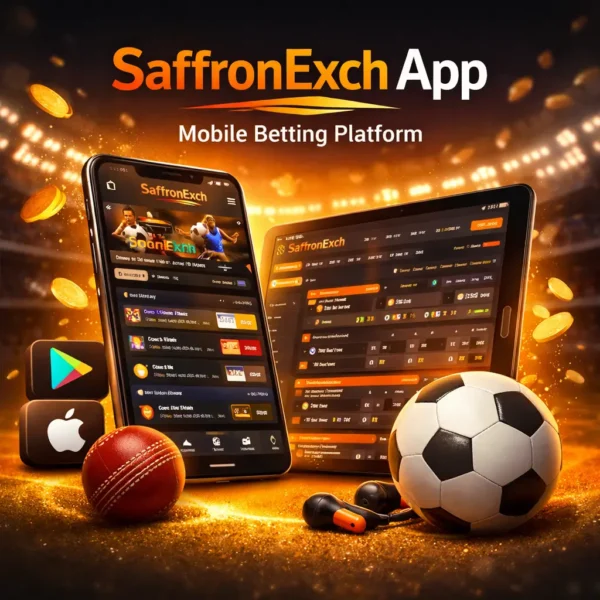 SaffronExch App introduction banner showing mobile interface and saffron themed platform design
