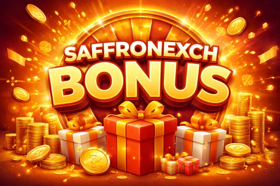 SaffronExch Bonus introduction banner showing promotional rewards and saffron themed platform design