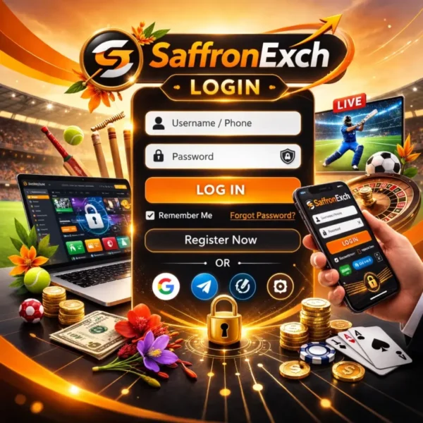 SaffronExch Login introduction banner showing login interface and saffron themed platform